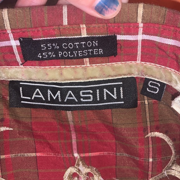 Lamasini Western Red Plaid snap Sequined Cross Embroidered Button Down Shirt - Picture 9 of 9